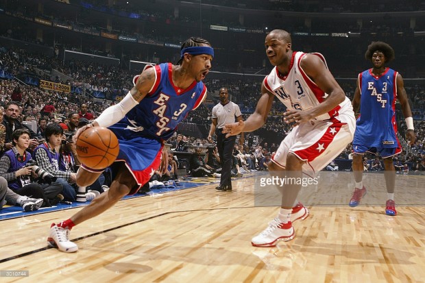 LOS ANGELES - FEBRUARY 15: Allen Iverson #3 of the Eastern Conference All-Stars drives around Steve Francis #3 of the Western Conference All-Stars during the 2004 NBA All-Star Game, part of the 53rd NBA All-Star weekend, at Staples Center on February 15, 2004 in Los Angeles, California. NOTE TO USER: User expressly acknowledges and agrees that, by downloading and/or using this Photograph, User is consenting to the terms and conditions of the Getty Images License Agreement. (Photo by Jeff Gross/Getty Images) *** Local Caption *** Allen Iverson;Steve Francis